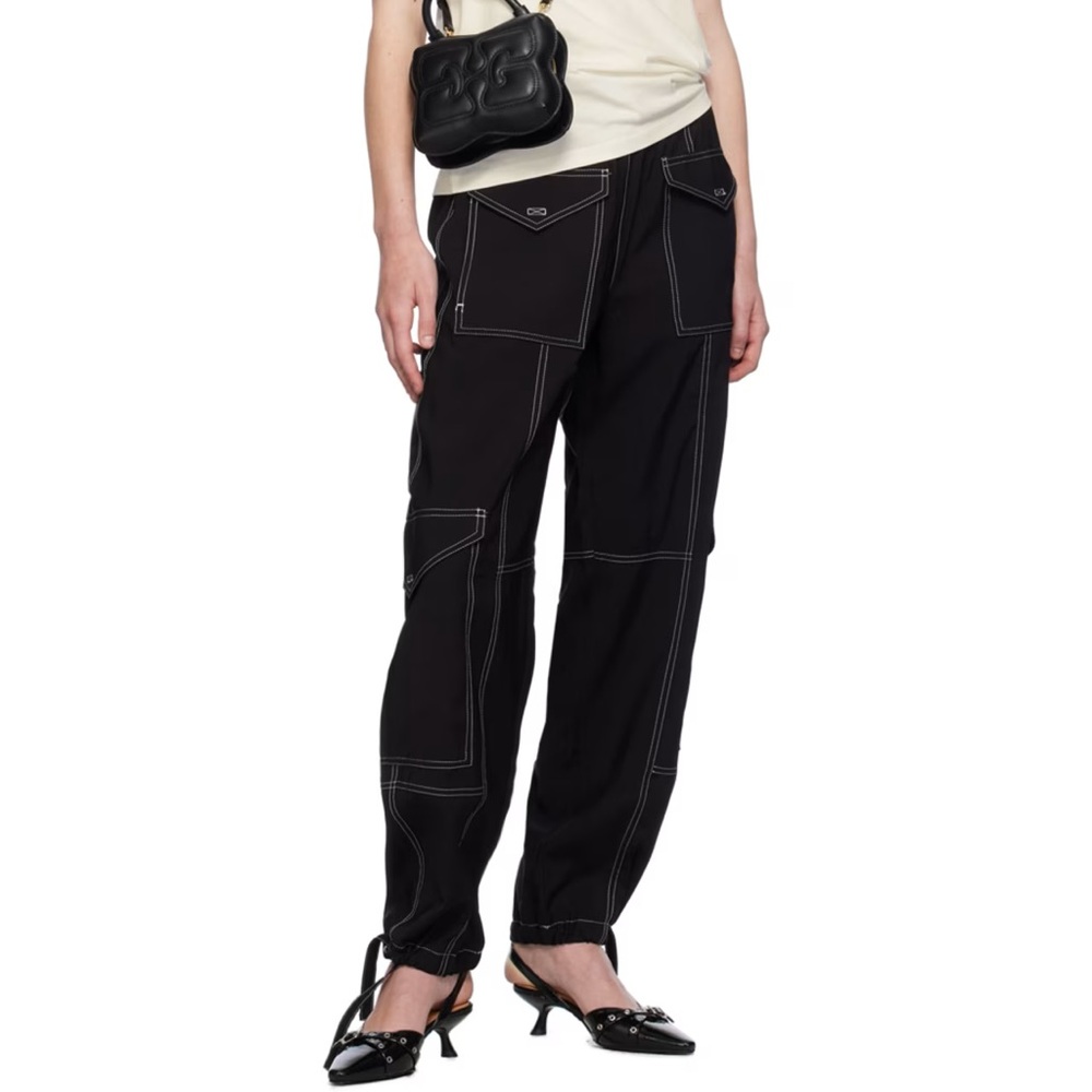 Ganni Black Track Pants with White Stitching